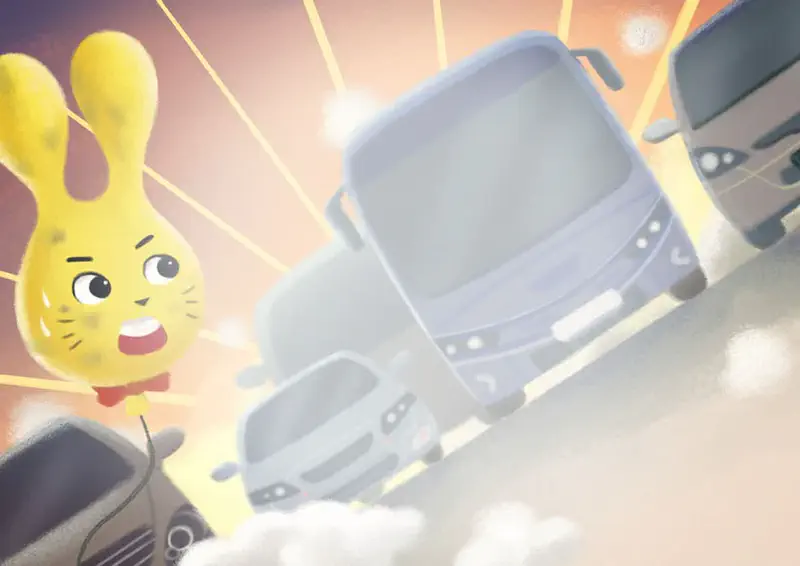 A worried yellow bunny balloon floats in traffic surrounded by buses and cars with bright headlights in a dusty haze.