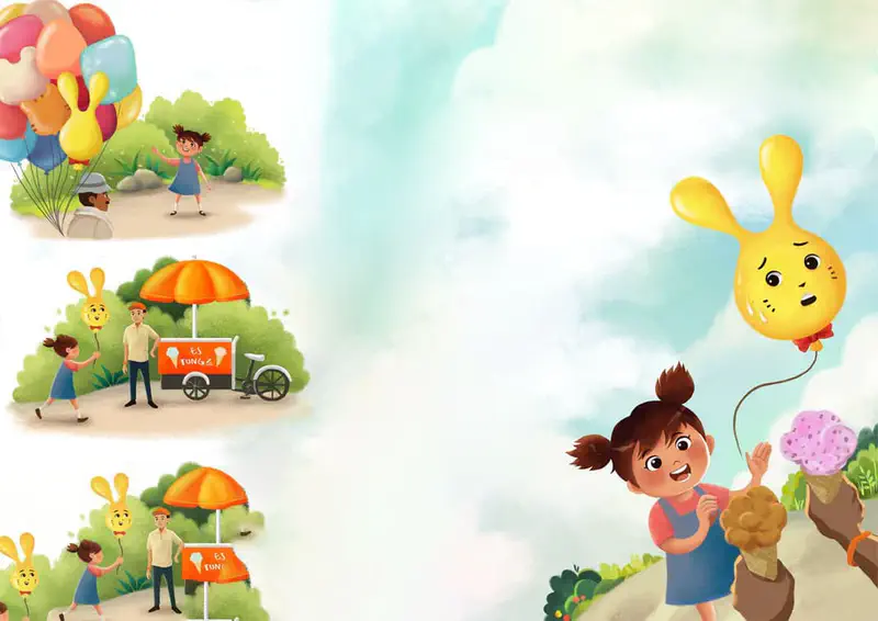 A girl holds a yellow bunny balloon while getting ice cream from a vendor, with scenes showing her at a park with balloons.