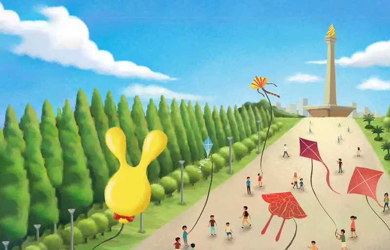 A yellow bunny balloon floats above a park where children fly colorful kites near a tall monument with a golden flame.