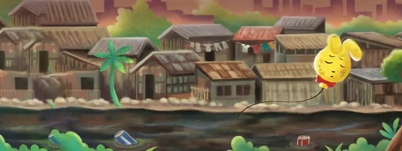 A peaceful yellow bunny balloon floats over a riverside village with wooden houses, clotheslines, and palm trees at dusk.