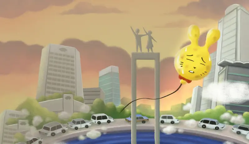 A distressed yellow bunny balloon floats past a monument with two figures on top in a busy city with cars at sunset.