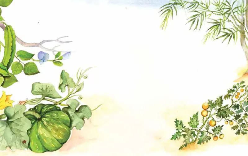 A green squash with yellow flower, blue pea flowers on a vine, cherry tomatoes, and bamboo leaves framing a garden scene.