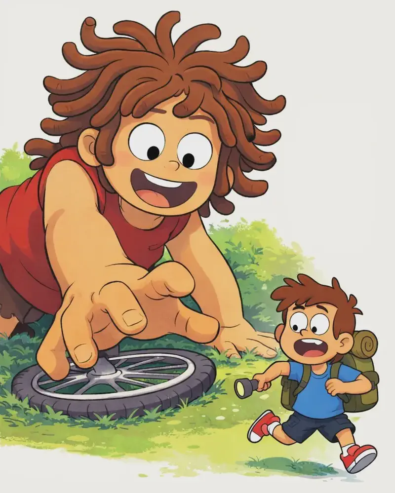 On the left side of the image, Sen looms large, leaning forward with a cheerful, open-mouthed grin and rosy cheeks, one massive hand reaching down and crushing a bicycle wheel flat against the grass. Below Sen's hand, Kem scrambles away in a frightened run, looking back over his shoulder with a scared expression. The scene is set outdoors on a grassy area with green bushes and foliage in the background, under bright daylight. The right side of the image is plain white background.