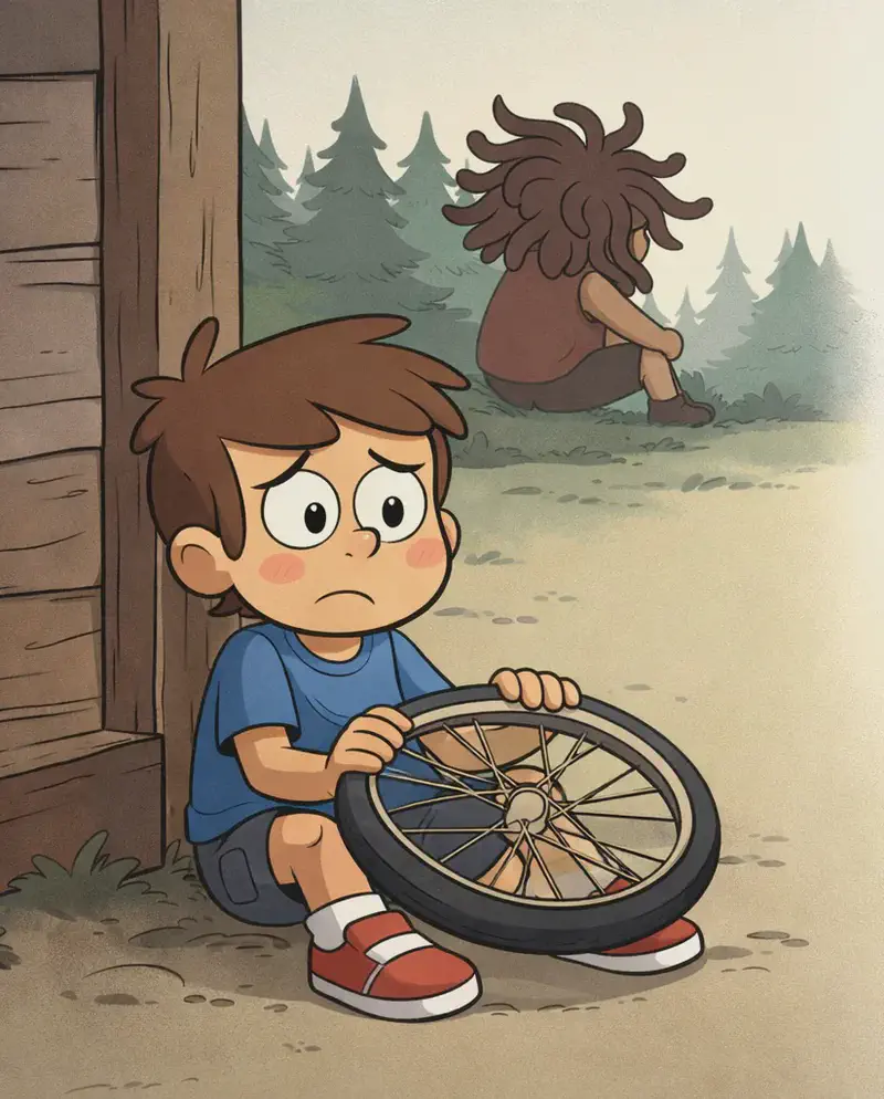 On the left side of the image, Kem is sitting on the ground beside the village house, holding a broken bike wheel in both hands. He has a sad, concerned expression with furrowed brows and rosy cheeks, gazing toward the distant woods. In the far background, the large silhouette of Sen can be seen sitting at the edge of the woods, hunched over. The right side of the image is plain background.