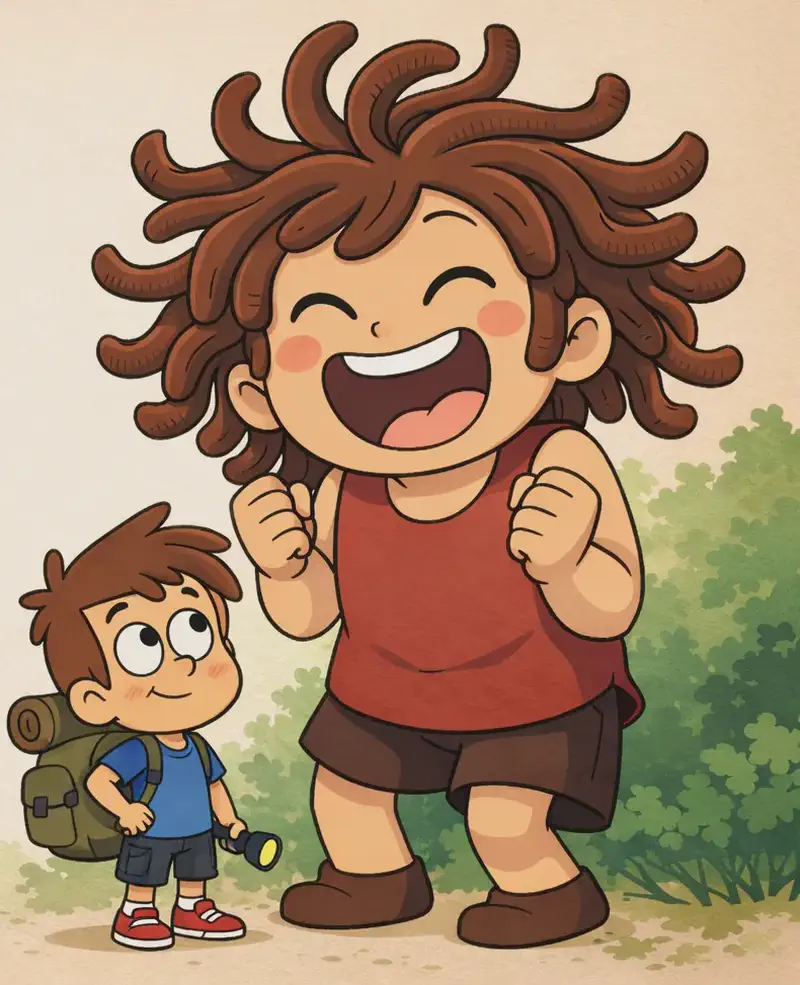 On the right side of the image, Sen is shown large with a huge, joyful open-mouthed smile, rosy cheeks, and eyes squeezed shut in delight, capturing the moment of barely contained excitement. His fists are gently clenched with restrained joy, trying not to scare Kem. Kem stands small in front of Sen in the lower-right, looking up at him with a friendly, encouraging grin. A hint of green foliage and the edge of the woods is visible in the background. The left portion of the image is plain muted background.