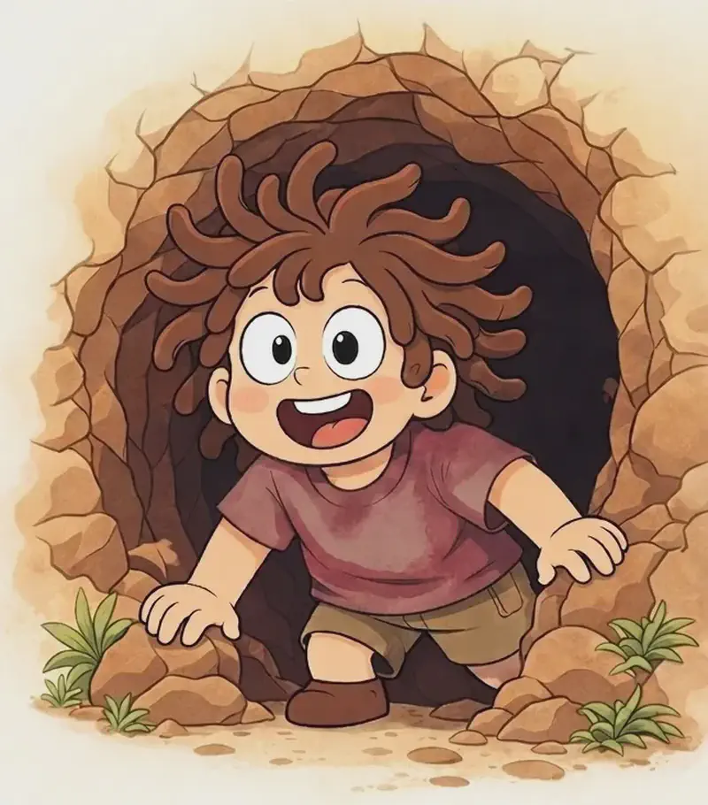 On the right side of the image, Sen is clambering out of a large underground cave opening, leaning forward with one foot stepping out onto the ground and his hands reaching down toward the rocks at the entrance. He has an excited, wide-eyed expression with a big open-mouthed smile, looking eager and curious as he peers out into the world. He has wild, curly brown hair and wears a loose reddish-maroon short-sleeve t-shirt, khaki shorts, and brown shoes. The cave entrance is surrounded by earthy brown rock and stone, with a few small green plants growing at its base and scattered pebbles on the ground, set against a bright, pale cream outdoor background suggesting daytime, with the left side of the image left open and empty.