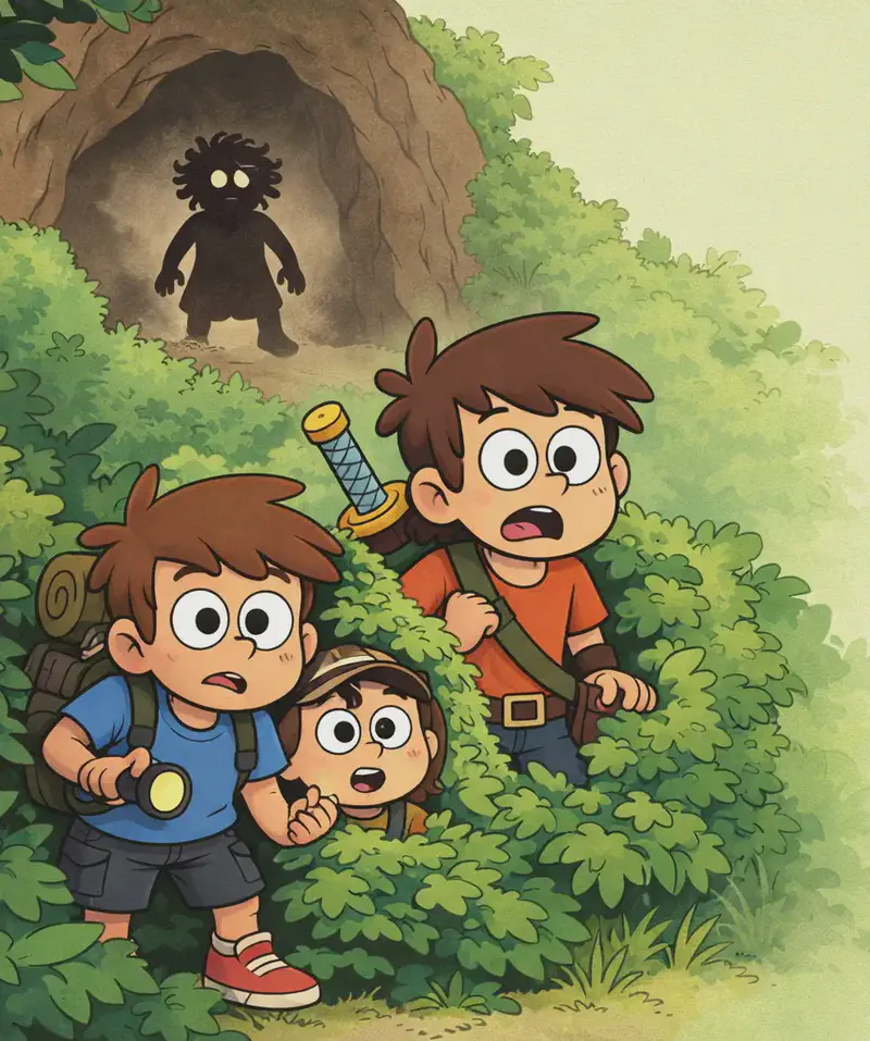 On the left side of the image, Kem, Lan, and a third village child are crouched behind a thick green hedge, peeking out through the leaves in an outdoor setting. Kem is in the foreground, looking out with a cautious, wide-eyed expression and one hand parting the leaves. Lan is beside Kem, peering over the hedge with a surprised expression and mouth open. A third village child crouches lower behind them. In the far distance on the left, a large silhouette of Sen can be seen approaching from the direction of the cave — clearly much bigger than the children, hinting at his giant size. The right portion of the image fades to a plain light green background.