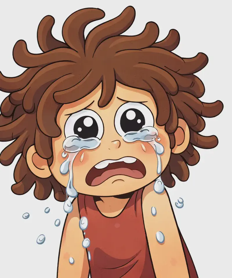 On the left side of the image, a close-up of Sen's face shows him crying, with large tears welling up in his eyes and streaming down his flushed, rosy cheeks like rain. His expression is deeply sad and distressed, with a trembling, downturned mouth and glistening, watery eyes. The right portion of the image is plain white background, left clear for text overlay.