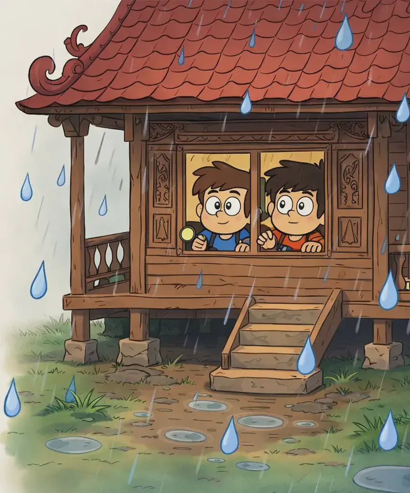 On the right side of the image, a wooden village house with a tiled roof and a front porch is shown, raised on stilts with stone steps leading up to it. The house has ornate carved wooden doors and decorative panels. Through a window, Kem and Lan can be seen huddled together inside, peering out cautiously. Outside, large teardrops fall like heavy rain around the house and on the grassy yard, hinting at Sen's giant tears. The left side of the image is plain light background.