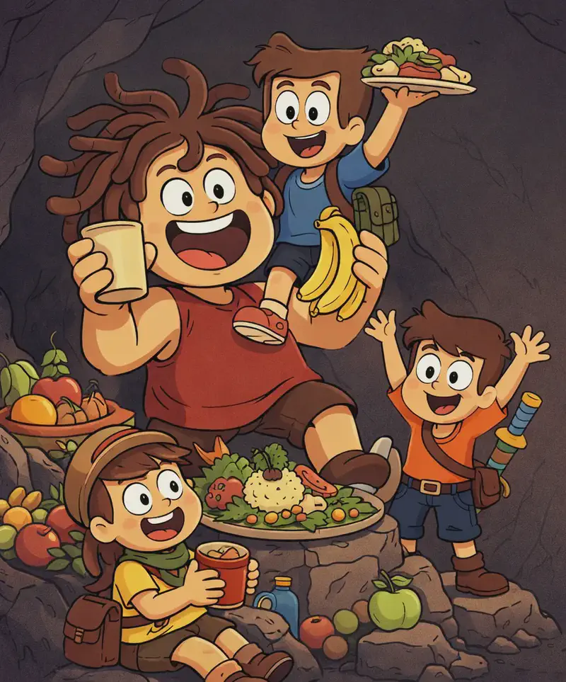 On the left side of the image, Sen stands large and joyful inside a cave, laughing with mouth wide open while holding a cup in one hand and bananas in the other. Sen is surrounded by a feast of food piled on rocky cave surfaces — fruits, platters, and large leafy dishes. Kem sits on Sen's shoulder, holding a plate of food high above his head with a happy expression. Lan stands on a rock beside Sen, arms raised excitedly and smiling broadly. A fourth village child sits in the lower-left, laughing and enjoying the feast. The right side fades into a plain dark cave wall background.