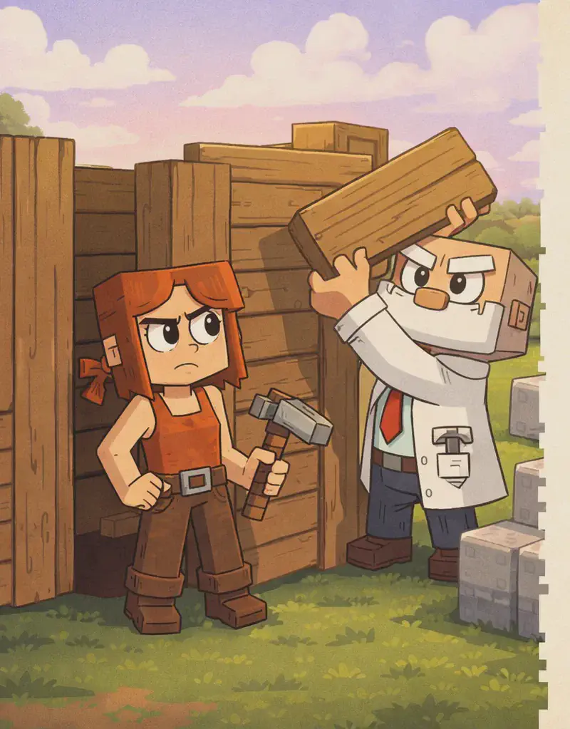 On the left side of the image, Jill and Dr. Can Do stand together on grass in front of a partially built wooden structure (the beginnings of the windmill). Jill stands slightly to the left with a skeptical, furrowed expression, her gray-and-brown pickaxe resting at her side. Dr. Can Do stands beside her, actively lifting a wooden plank into place on the structure with both hands, his small gray hammer tucked in his belt. Stone building blocks are stacked nearby on the ground to the right of them. The scene is outdoors on a bright day with a green landscape, trees in the distance, and a soft pink-tinged sky with clouds. The right ~40% of the image is a plain parchment-colored text area.