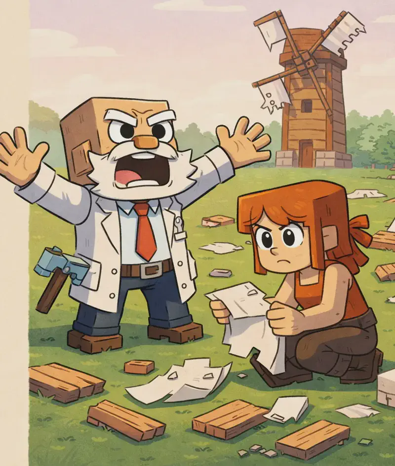 On the right side of the image, broken wooden planks, torn sail pieces, and blocks lie scattered across a green field, representing the destroyed windmill sails. The windmill tower stands in the background, stripped of its sails. In the foreground, Dr. Can Do stands with his arms thrown wide and an anguished, crying-out expression, while Jill crouches beside the wreckage, picking up a torn piece of sail and turning it over in her hands with a serious, examining expression. The scene is set outdoors in morning light with a pale pink sky, green grass, and a tree line in the background. The left ~40% of the image is a plain beige text area.