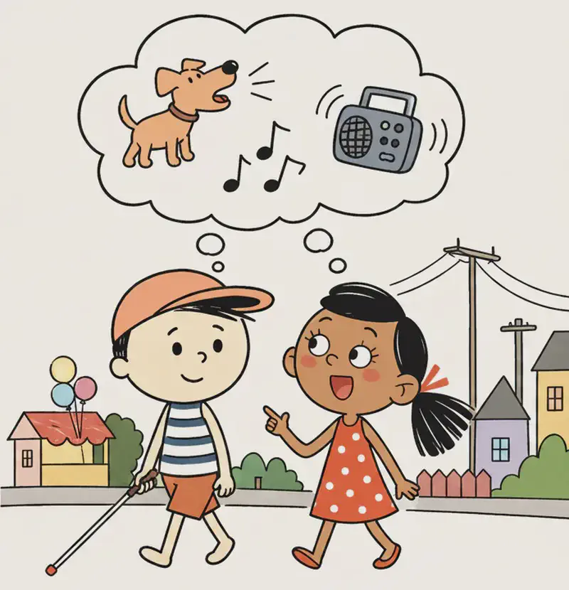On the right side of the image, Ted and Kim are walking together along a suburban neighborhood street, with houses, power lines, trees, and a small market stall with colorful balloons visible in the background. Above them in a large thought-bubble cloud, three stylized sensory icons float — depicting a barking dog, musical notes, and other neighborhood sounds — representing the sounds Ted uses to navigate. Ted walks smiling confidently, while Kim looks at him with a bright, impressed expression, gesturing as she speaks.