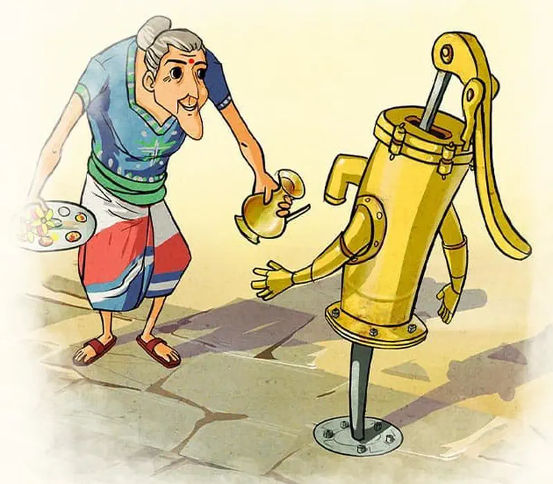 An elderly woman in traditional Indian clothing offers a small pot to a friendly yellow water pump character on a stone courtyard.