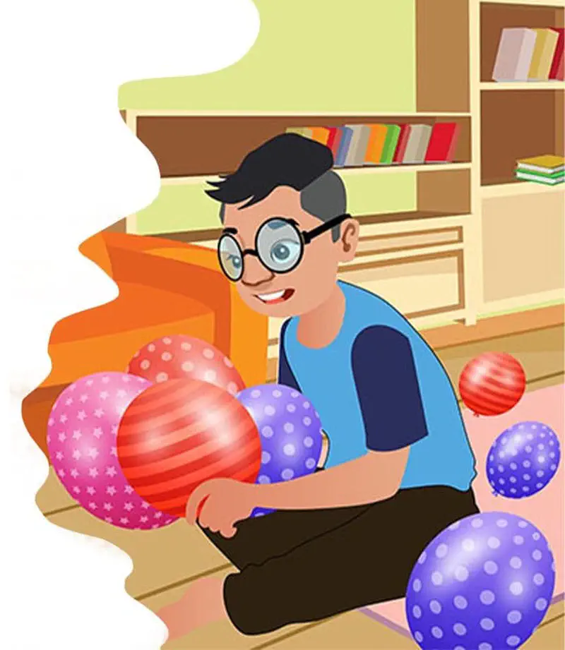 A boy with glasses sits on the floor collecting colorful patterned balloons in a room with a bookshelf.