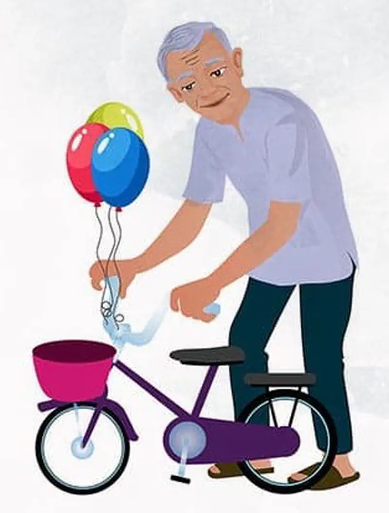 A grandfather ties colorful balloons to the handlebars of a small purple bicycle with a pink basket.
