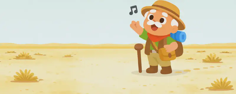 In the lower half of the image, Kaa stands at a three-quarter angle facing the viewer in the center of a vast, flat, dry landscape, holding his wooden walking cane in one hand, his other hand raised toward the sky as he sings, with a musical note floating near his head. He has an open-mouthed, hopeful expression as he calls out to the clouds. Faint footprints trail behind him across the dusty ground. Sparse dry scrub brush dots the barren terrain on either side. The top half is open sky with a few wispy clouds, conveying a sense of wide-open emptiness and solitude.