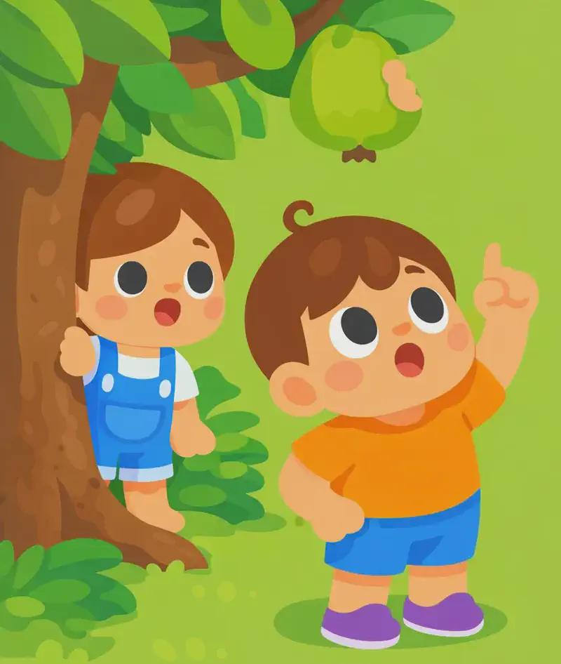 On the left side of the image, Kale stands beneath a guava tree, looking up with a surprised, open-mouthed expression and pointing upward at a large guava hanging from a branch that has a visible bite taken out of it. Kina peeks out from behind the tree trunk to Kale's left, partially hidden, looking curious. The scene is set outdoors on a grassy area with lush green foliage, in bright daylight. The right ~40% of the image is plain green background.