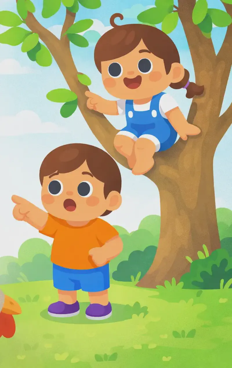 On the right side of the image, Kale stands on the grass looking surprised and slightly startled, pointing toward a large chicken in the foreground, while Kina sits perched up in the branches of a leafy tree behind him, grinning widely with an amused expression as she explains why the chicken couldn't be the culprit. The scene is set outdoors on a sunny day with a grassy yard, a large tree, and a soft blue sky with wispy clouds. A large gray chicken occupies the lower-left foreground, seen from the side pecking at the ground.