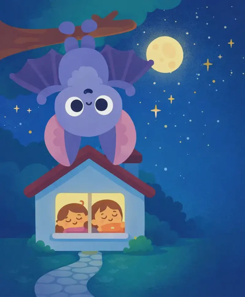 On the left side of the image, Bat hangs upside down from a tree branch in the upper-left corner, with large circular black eyes and a content expression, its round belly full after eating. Below and behind Bat, a small suburban house sits along a stone path under a starry nighttime sky with a glowing full moon. Through a warmly lit window, the silhouettes of Kina and Kale can be seen sleeping peacefully inside. The right side of the image is open dark sky.