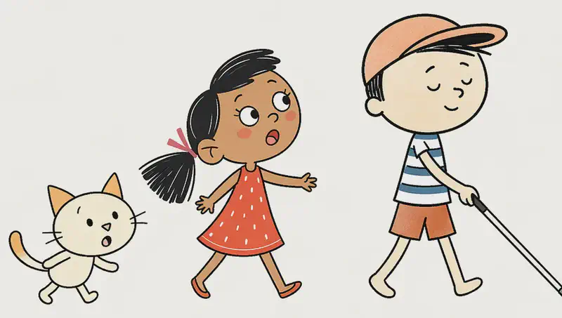 On the right side of the image, Ted walks confidently forward with his eyes closed and a calm, content smile, holding a white cane out in front of him. He wears his peach/salmon-colored baseball cap, white-and-blue horizontally striped t-shirt, and burnt-orange/rust-colored shorts. Behind him, Kim walks with her arms slightly outstretched and a concerned, watchful expression, looking up at Ted as she follows. She wears her coral-red A-line dress with white polka dots and a pink bow in her side ponytail. Cat trots along behind Kim, looking alert and curious. The three are walking in a line across a plain, light outdoor ground with a clean white background.