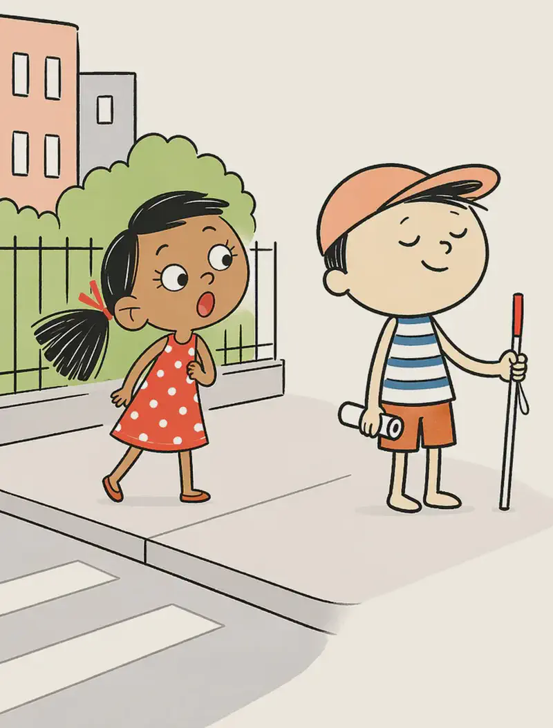 On the left side of the image, Ted stands at a street corner with his eyes closed and head tilted upward, breathing in the air with a confident expression, holding his white cane. Behind and to his left, Kim follows with a surprised, wide-eyed expression and open mouth. The scene is set outdoors on a sunny day at an intersection, with buildings, a fence, and green bushes visible in the background. The right ~40% of the image is plain peach/tan background.