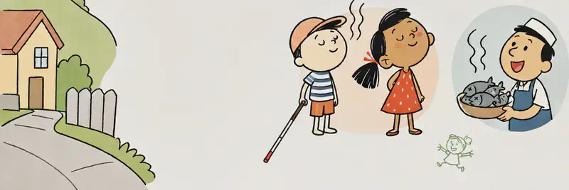 In the lower-center of the image, Ted is shown sniffing the air with his eyes closed and a proud, contented expression, with wavy scent lines rising from the direction of a nearby fish shop. Next to him, Kim smiles with eyes happily shut, also breathing in deeply and enjoying the fishy aroma. To the right, a fish shop worker is shown holding a bowl of fish. The characters are depicted in circular/rounded vignette-style frames arranged across the bottom half of the image. Along the left edge, a suburban street scene with buildings and green hillside is partially visible, while the top half remains open white background. Small playful doodle-like figures of cats and children are scattered between the vignettes.