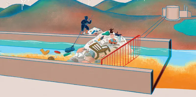 A water treatment facility with a worker using a net to remove debris from a channel while garbage piles up against a red grate.