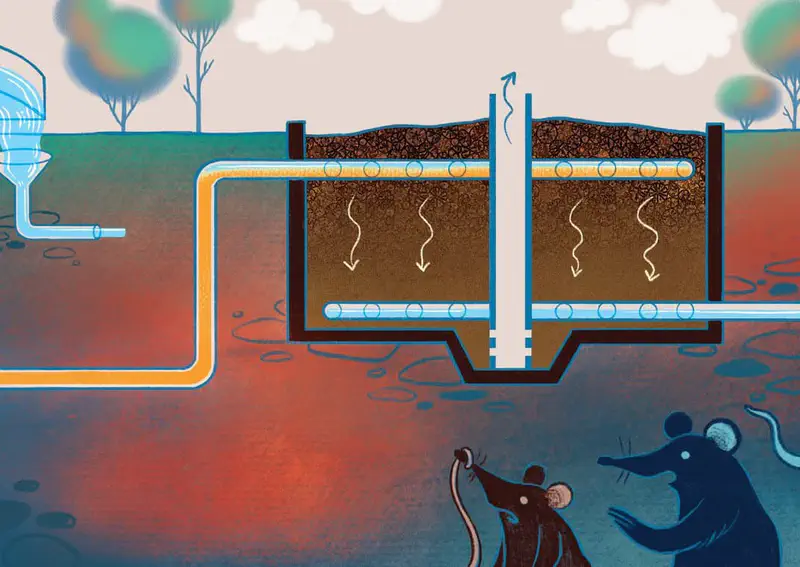 Underground digester tank cross-section showing brown sludge with gas rising through a vent while two curious rats watch from below.