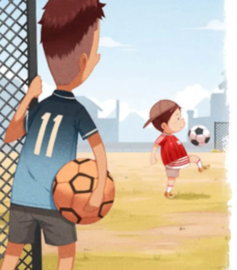 A boy in blue number 11 jersey holds a ball and watches through a fence as a smaller boy in red practices soccer alone.
