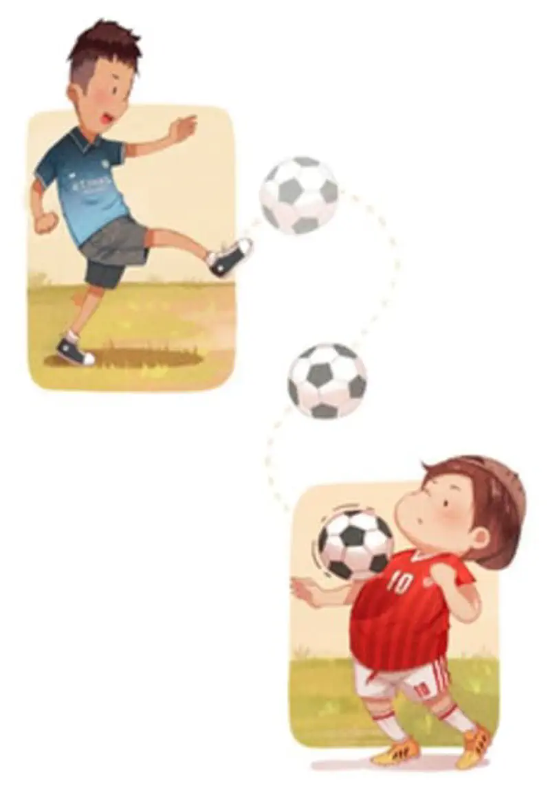 Split panel showing a boy in blue kicking a ball that bounces down to a boy in red number 10 jersey who catches it on his chest.