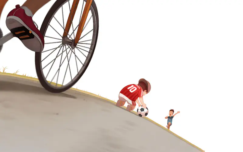 A boy in a red number 10 jersey picks up a soccer ball on a dusty road while another boy waves from behind, with a bicycle wheel visible in the foreground.