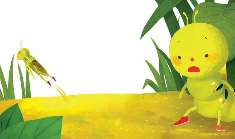 A green grasshopper with red shoes hops away as a worried yellow caterpillar watches from among tall grass and leaves.