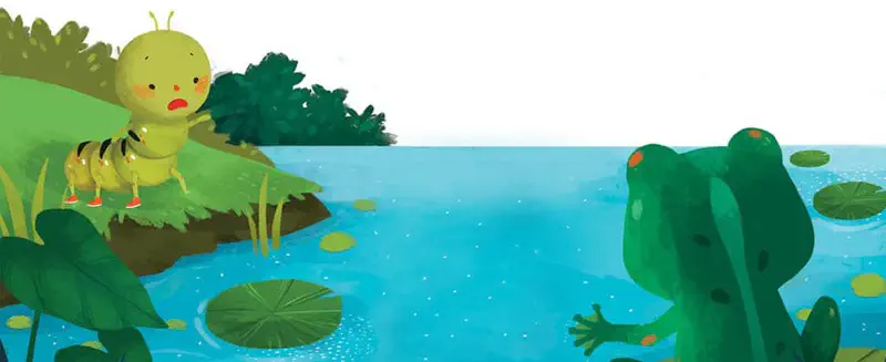A yellow caterpillar stands on a grassy bank calling across a blue pond to a green frog sitting among lily pads.