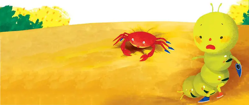 A sad yellow caterpillar holding a blue shoe looks at a red crab on a sandy beach with yellow and green trees behind.