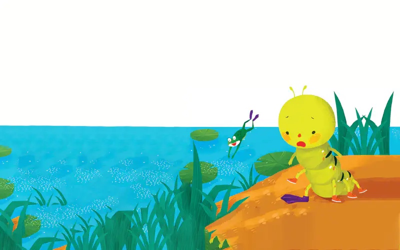 A sad yellow caterpillar sits on a sandy bank watching a frog dive into a blue pond, with one purple shoe left behind on the ground.