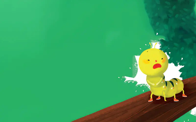 A worried yellow caterpillar with orange shoes stands on a brown branch against a green background with dark green foliage behind.