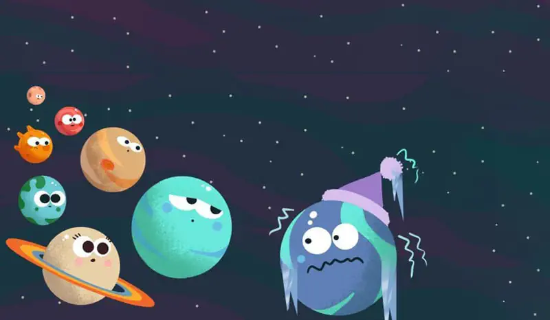 Cartoon planets float in space as Neptune shivers wearing a winter hat with icicles while other planets watch with concern.