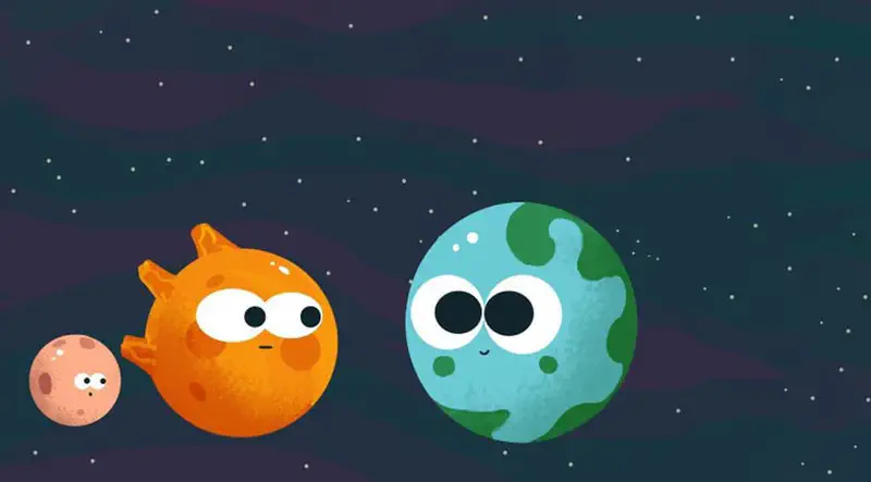 Three cartoon planets in space: a small pink Pluto, an orange Venus with horns, and a blue-green Earth with big eyes.