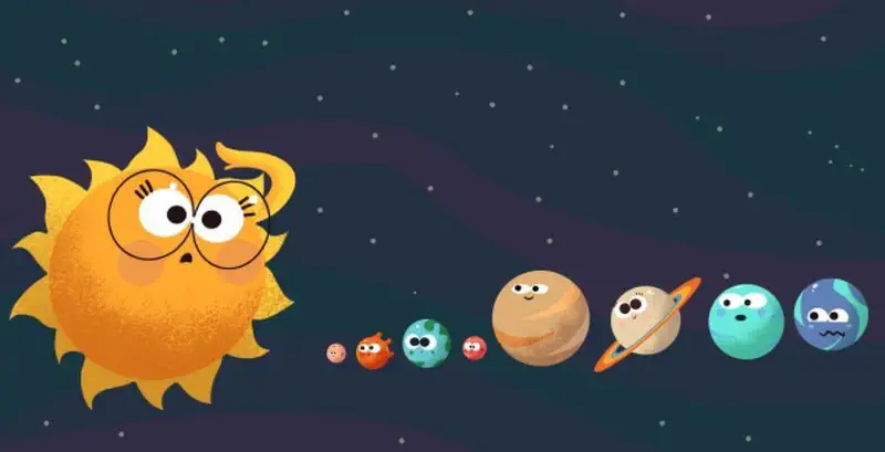 A puzzled sun wearing glasses looks at a row of cartoon planets stretching across dark space with purple nebula clouds.