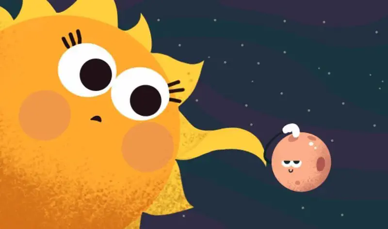 A large surprised yellow sun looks down at a small sleepy pink Pluto wearing a white cap in dark starry space.