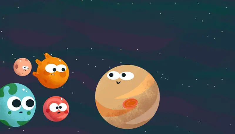 A large smiling Jupiter with the Great Red Spot faces smaller planets including sad Pluto, grumpy Venus, Earth and Mars.