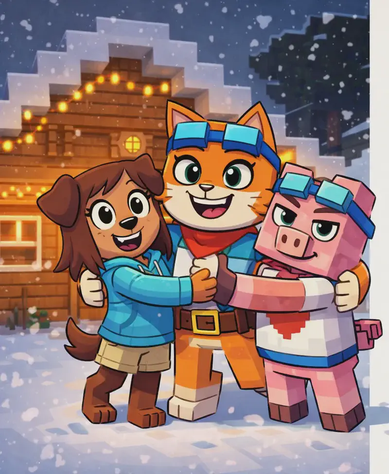 On the left side of the image, three characters stand together in front of a snow-covered wooden cabin decorated with warm glowing Christmas lights. Brat Cat stands in the center with a cheeky grin, arms spread wide, pulling Tip and Fig Pig into a big group hug. Tip stands to the left, beaming with joy as she is embraced. Fig Pig stands to the right, looking pleased and hugging back. Snow falls gently around them in a nighttime outdoor setting, with the cabin's warm orange glow illuminating the group. The right ~40% of the image is a plain light background reserved for text overlay.