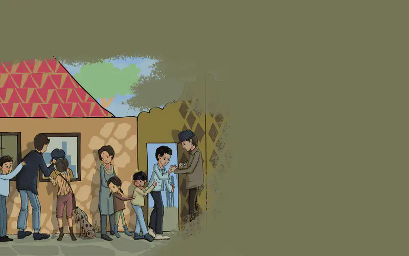 A family gathers outside a stone house with a red roof. Children and adults stand near a doorway while a spotted dog sits nearby.