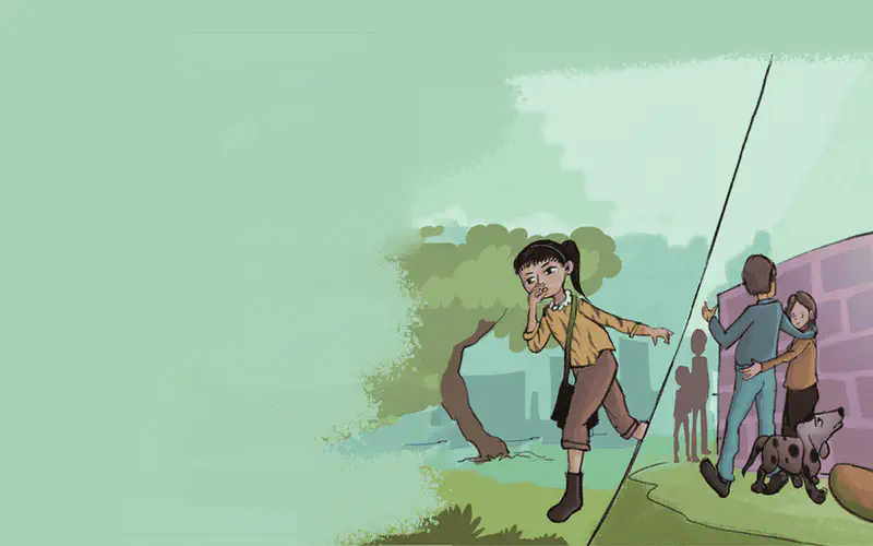 A girl with pigtails in an orange jacket sneaks through a park, looking thoughtful. In the background, a family with a spotted dog plays near a building.