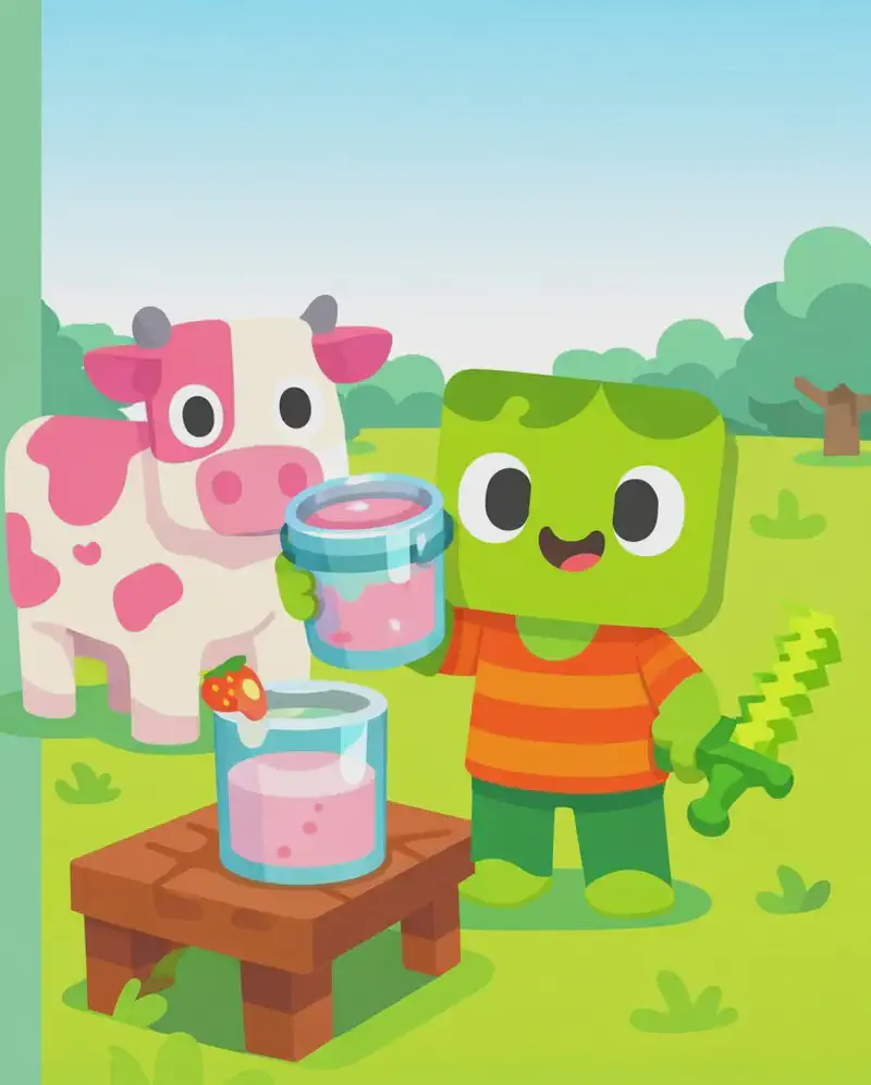 On the right side of the image, Zom stands beside a pink-dyed cow, facing the viewer with a playful, excited expression as he holds up a bucket of pink strawberry milk. He has light green skin, darker green messy hair, and wears an orange-and-red horizontally striped t-shirt with dark green pants and bright green shoes, his pixelated light-green sword tucked at his side. The cow beside him is white with bright pink dye splotches across its body. On a wooden table nearby, a container of pink strawberry milk is being prepared. The scene is set outdoors with green grass and trees in the background under a bright daytime sky. The left ~40% is plain green background.