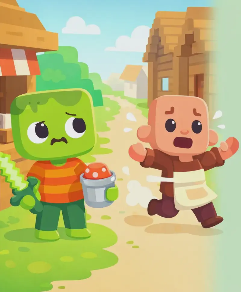 On the left side of the image, Zom stands near his milk bar in a suburban neighborhood among wooden houses, facing the viewer with a sheepish, embarrassed expression, still holding the bucket of mushroom milk. He has light green skin, darker green messy hair, and wears an orange-and-red horizontally striped t-shirt with dark green pants and bright green shoes, his pixelated light-green sword in his right hand. A Villager is seen running away from Zom in a panicked whirl — bald head, light peach skin, wearing a dark brown shirt with a cream off-white apron, dark brown-maroon pants, and dark brown boots — arms flailing as they flee past wooden houses on a grassy path in bright daylight. The scene has a Minecraft-style blocky aesthetic with wooden structures and green grass. The right ~40% is plain mint-green background.