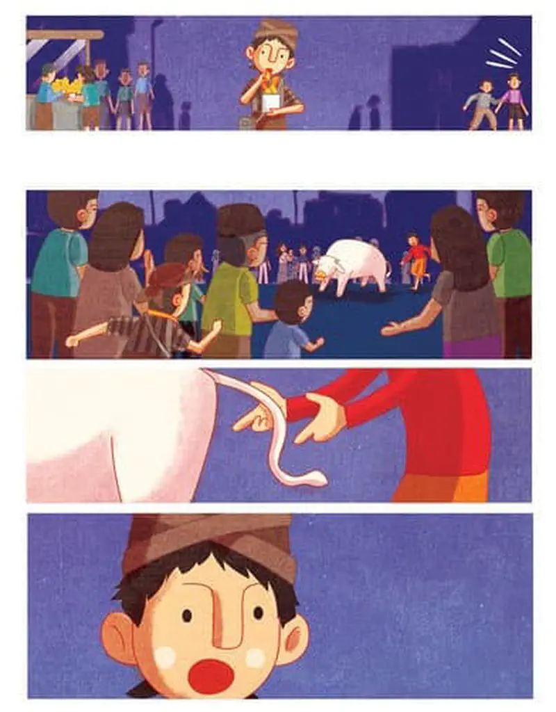 Comic panels showing a boy at a night market, a crowd gathering around a white calf, someone tugging the calf's tail, and the boy looking shocked.