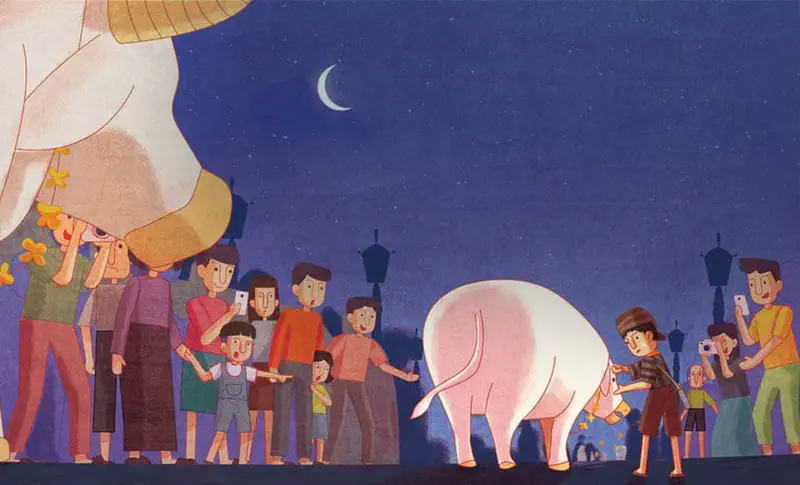 A nighttime festival scene with a crescent moon where crowds watch a boy in traditional clothing lead a white calf while people take photos.