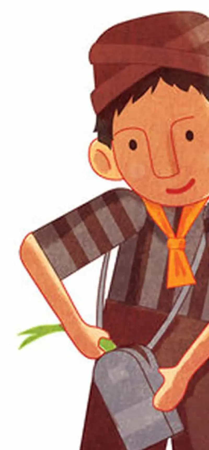 Close-up of a boy in traditional Indonesian clothing with a brown cap, striped shirt, orange scarf, and gray shoulder bag holding a green plant.